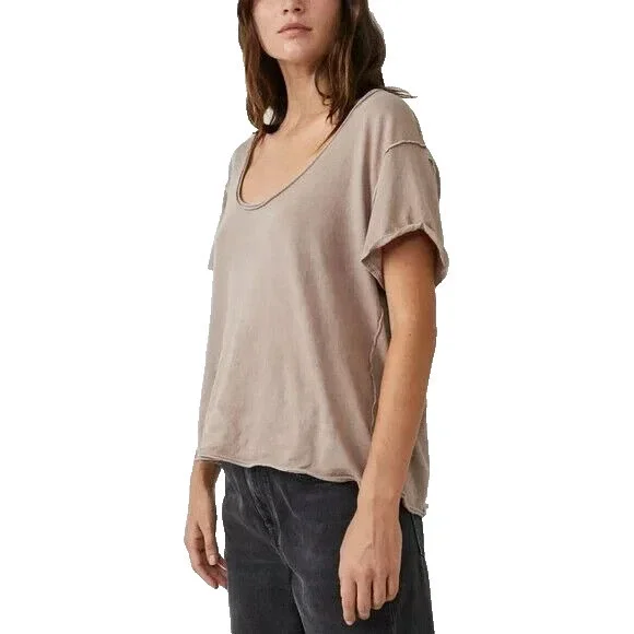 Free People We The Free Hemp Womens Brown Dylan Tee Bunny Scoop Neck Size XS - Picture 2 of 8